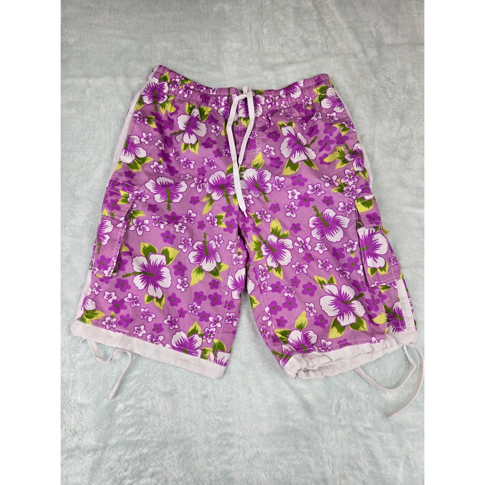 KneeShorts Purple Hibiscus Floral Cargo Board Shorts Womens Large Y2K Tropical